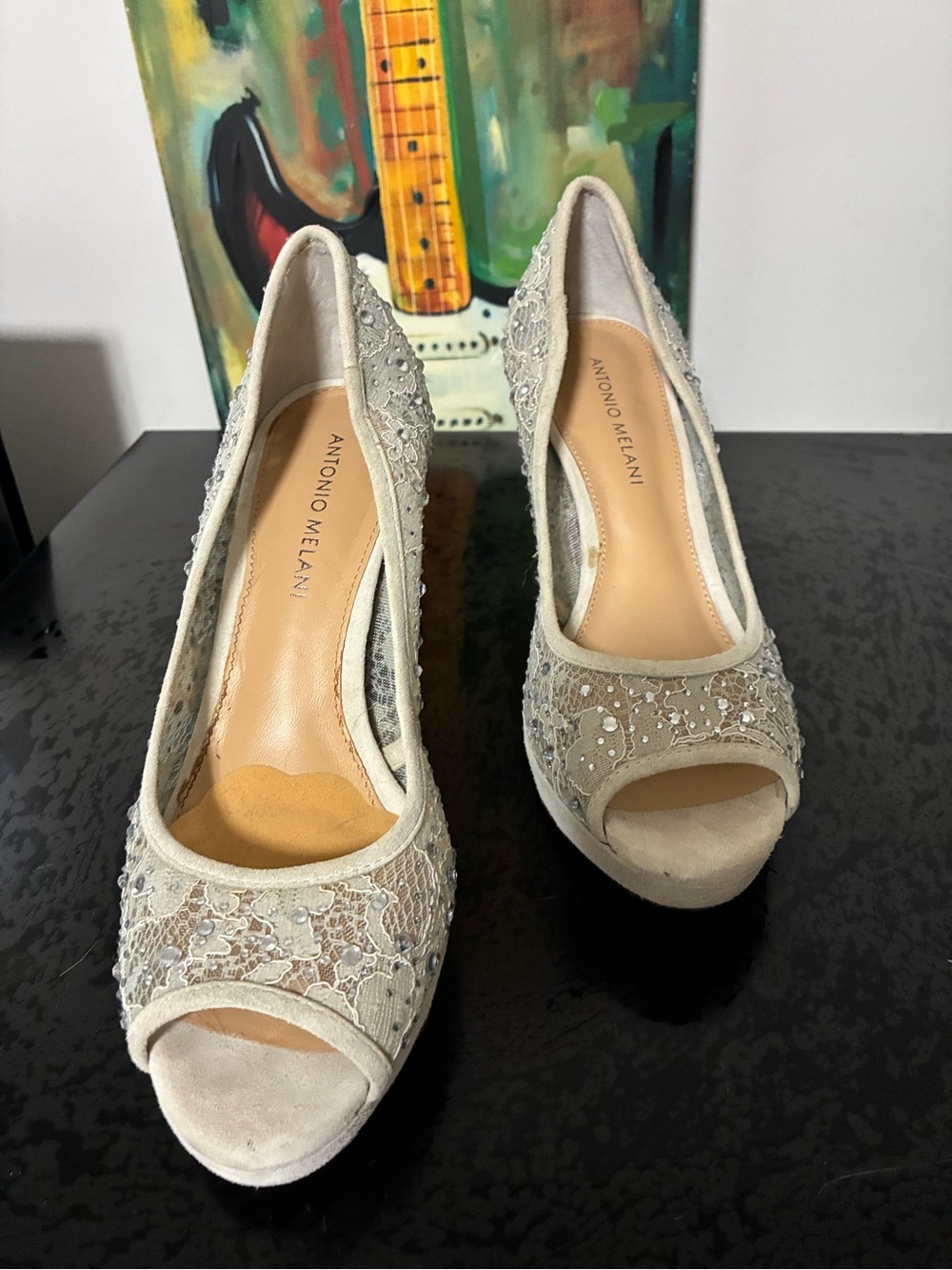 ANTONIO MELANI Cream Lace Peep-Toe Heels with Beaded Detail